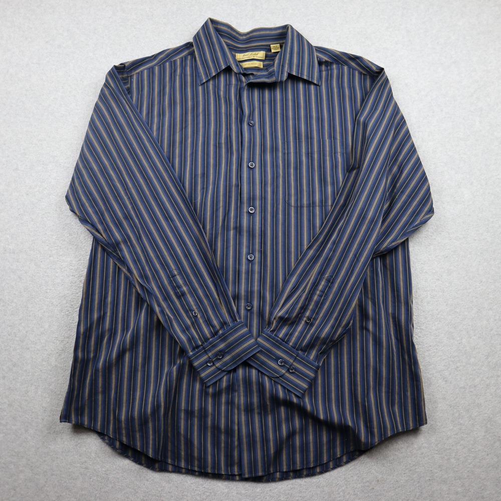 Roundtree & Yorke Shirt Mens XLT Gold Label Blue Brown Striped Non-Iron Button